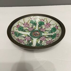 Vintage Japanese Porcelain Bowl/Dish Encased In Pewter Flower Garden Hong Kong